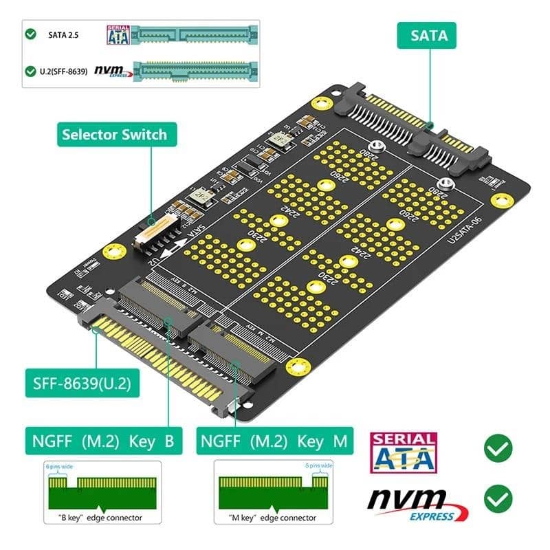 Адаптер M2 SSD M.2 NVME M Ключ до U.2 SFF-8639 M.2 SATA B Ключ до