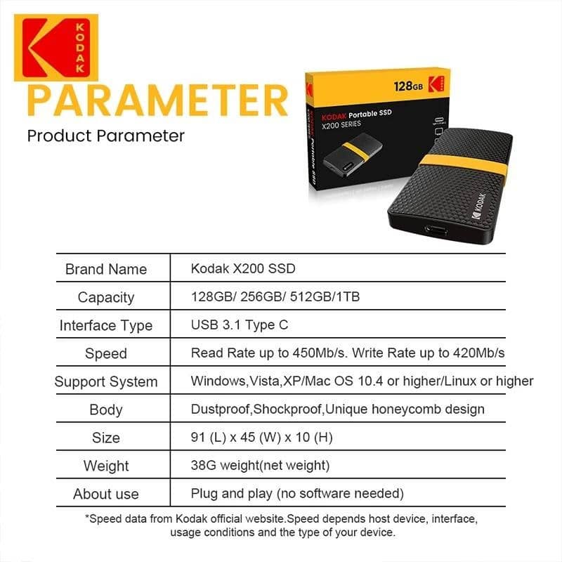 Kodak X200 Portable SSD 2TB 1TB USB 3.1 Type C Hard Disk 512GB